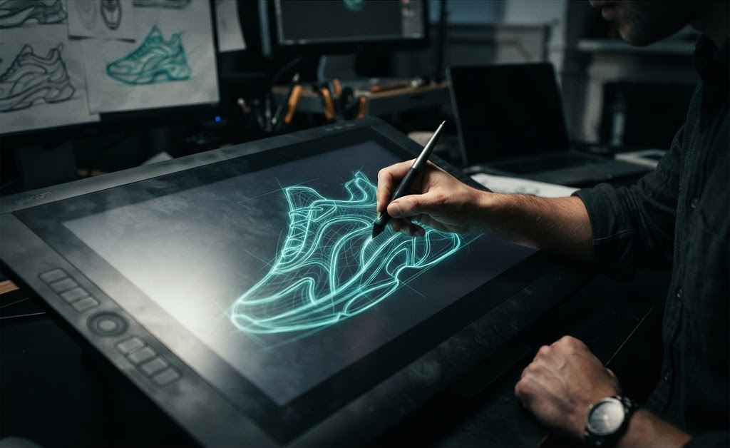 Diseñador industrial bocetando un concepto de producto en una tableta gráfica